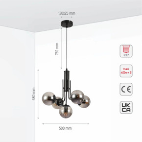 Globe Glass Black Body Pendant Chandelier Ceiling Light E27 - Smoky