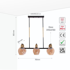 Amber Cone Glass Black Gold Metal Body Island Chandelier Ceiling Light