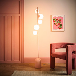 5-Way Blush Pink Floor Lamp with White Glass Globe Shades