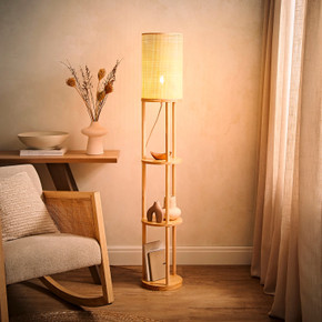 3 Tier Shelved Floor Lamp with Bamboo Shade