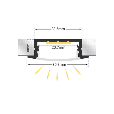 1M Recessed Wide Aluminium Profile With Clip-In Frosted Diffuser 30.3mm x 9.5mm
