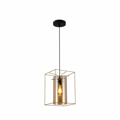 Gold Metal Cage Amber Cylinder Glass Pendant or Island Ceiling Light E27 Fitting