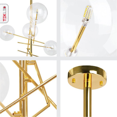 Nordic Sputnik Metal Clear Glass Globe Modern Chandelier Ceiling Light 6xG4 - Gold Antique Brass