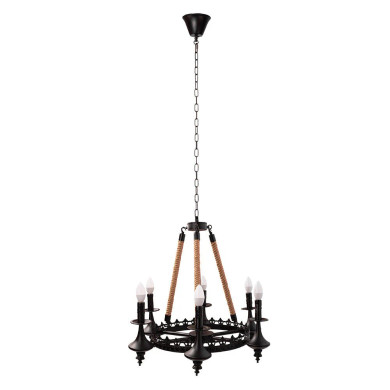 Farmhouse Rustic Matte Black Metal Hemp Rope Wagon Wheel Ceiling Chandelier Light