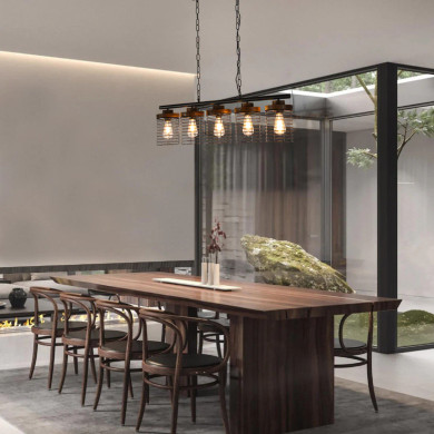 Industrial Cage Pendant Light - Rectangular 5-Shade Linear Chandelier with Wood Accents