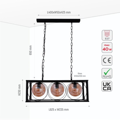 Black Cuboid Metal Amber Globe Glass Island Chandelier Ceiling Light