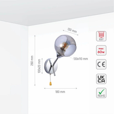 Smoky Barrel Glass Chrome Metal Body Sputnik Modern Wall Light with Pull Down Switch