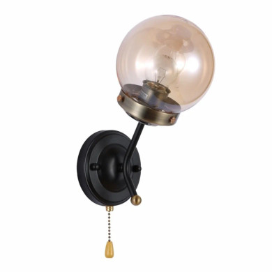 Antique Brass and Black Amber Glass Globe Wall Light Fitting with Pull Down Switch