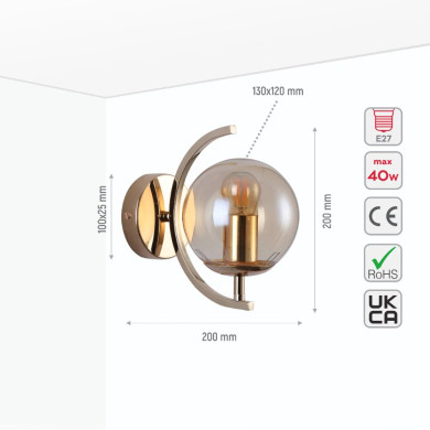 Glass Globe Gold Chrome Crescent Metal Modern Wall Light