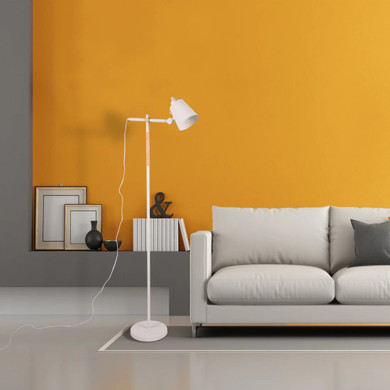 Sleek White Nordic Floor Lamp with Oak Wood Detail