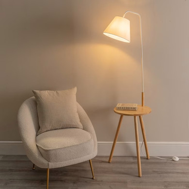 Rubber Wood Arc Floor Lamp with White Fabric Shade