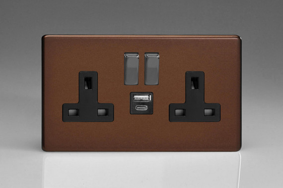 Varilight Mocha Screwless 2-Gang 13A Single Pole Switched Socket with 1x USB A & 1x USB C Charging Ports