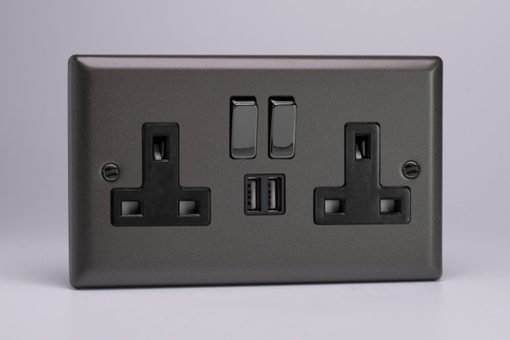 Varilight Graphite 21 2-Gang 13A Single Pole Switched Black/Iridium Socket + 2x5V DC 2100mA USB Charging Ports