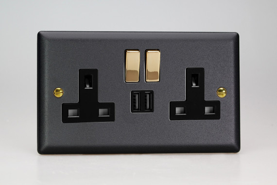 Varilight Matt Black Vogue 2-Gang 13A Single Pole Switched Socket + 2x5V DC 2100mA USB Charging Ports