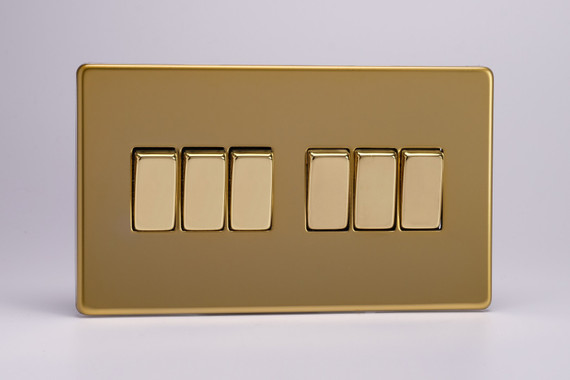 Varilight Polished Brass Screwless 10A 1 or 2-Way Rocker Switch (1-6 Gang)