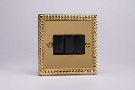 Varilight Georgian Brass 10A 1 or 2 Way Black Rocker Switch (1-6 Gang)