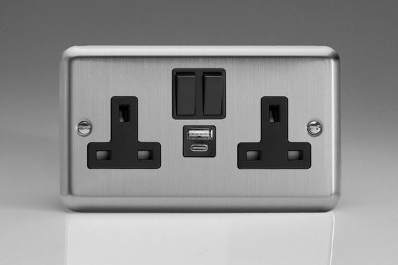 Varilight Matt Chrome 2-Gang 13A Single Pole Switched Socket with 1 x USB & 1 x USB C Charging Ports