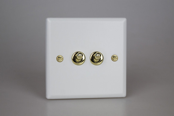 Varilight Matt White Vogue 10A 1 or 2 Way Polished Brass Toggle Switch (1-4 Gang)