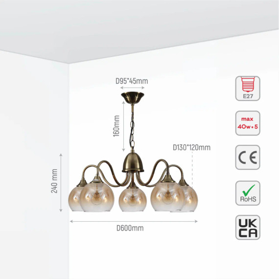 Amber Dome Glass Antique Brass Swan Chandelier Ceiling Light