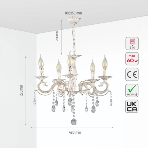 Candle Waterfall Traditional Retro Vintage Arm Chandelier Ceiling Light Crystal Gold Aged Cream E14