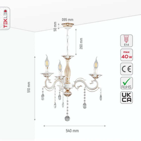 Traditional French Vintage Retro Candle Metal and Crystal Gold Aged Cream Arm Chandelier Ceiling Light E14