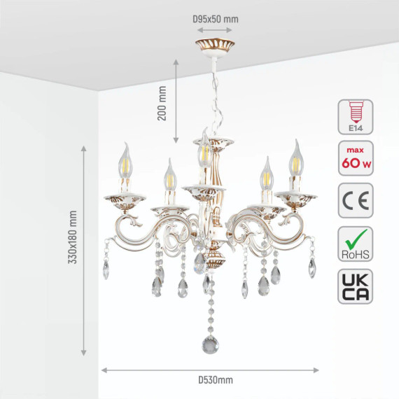 Traditional French Vintage Retro Candle Metal and Crystal Gold Aged Cream Arm Chandelier Ceiling Light E14