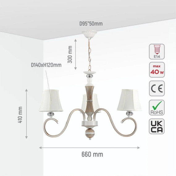 Off White Fabric Shaded Gold Aged Ivory Traditional Retro Vintage Classic Chandelier Ceiling Light E14
