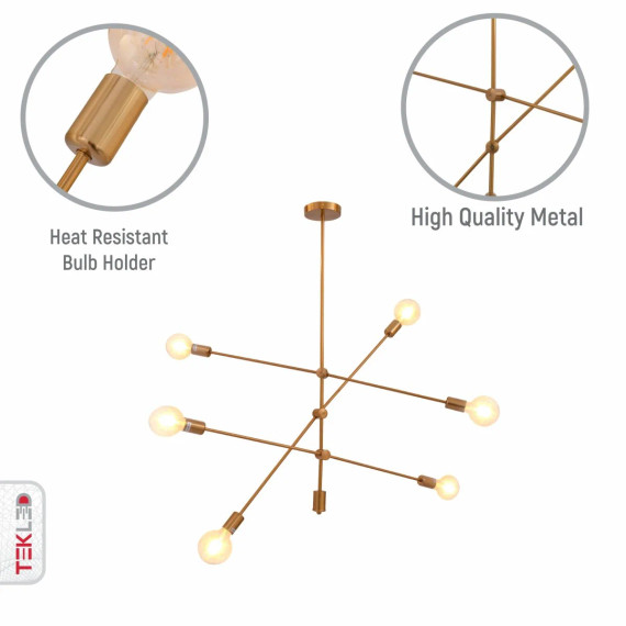 Gold Rod Modern Pendant Tiered Ceiling Chandelier Light 6xE27 Fittings
