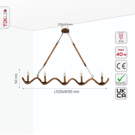 Hemp Rope Spiral Island Ceiling Chandelier Light 5xE14