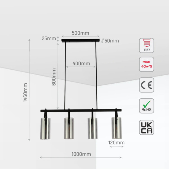 Smoky Glass Chandelier - Adjustable Drop - Linear
