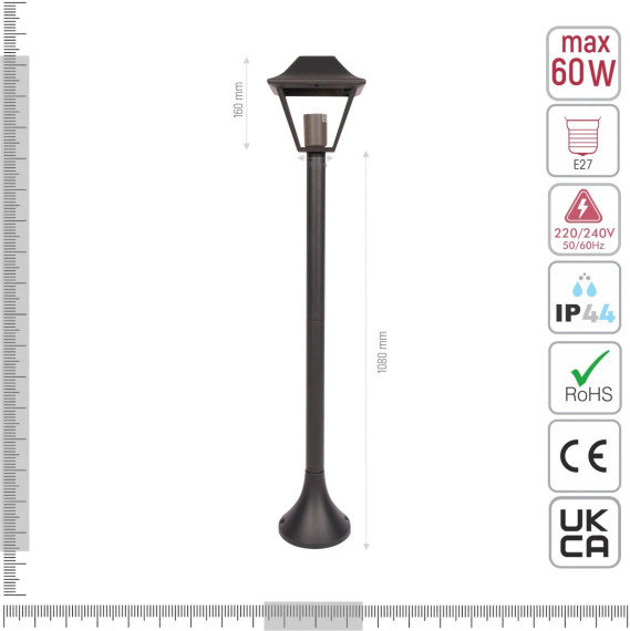 Cottage Style Bollard Lawn Lamp 1M Pole Matt Black Clear Glass E27 124cm