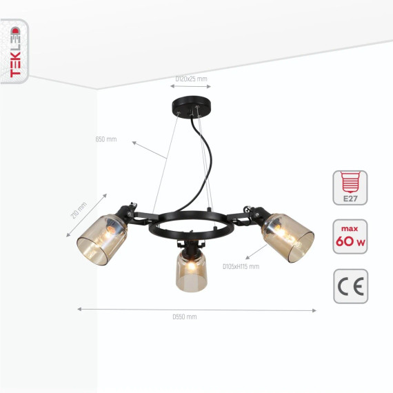 Amber Cone Glass Black Suspended Ceiling Light E27
