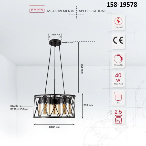 Black Caged Metal Amber Cylinder Glass Chandelier Ceiling Light 3xE27