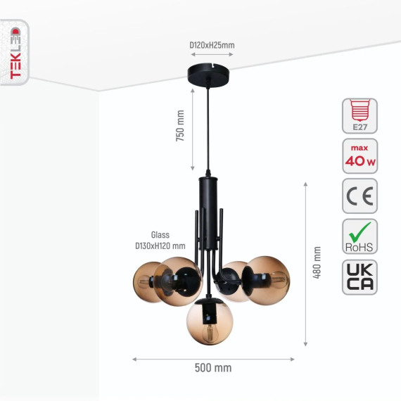 Globe Glass Black Body Pendant Chandelier Ceiling Light E27 - Amber