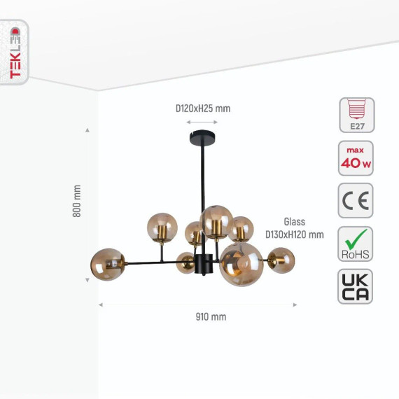 Stilnovo Amber Glass Globe Modern Sputnik Chandelier Ceiling Light E27 - Black / Amber