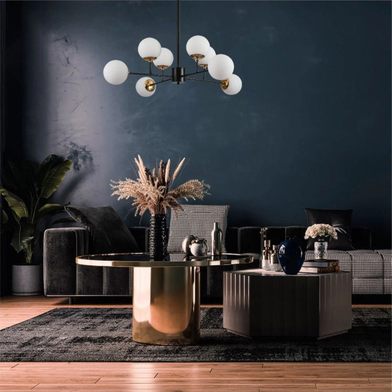 Stilnovo Opal and Black Glass Globe Modern Sputnik Chandelier Ceiling Light E27 - Black / Opal