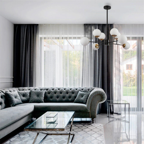Stilnovo Opal and Black Glass Globe Modern Sputnik Chandelier Ceiling Light E27 - Black / Opal