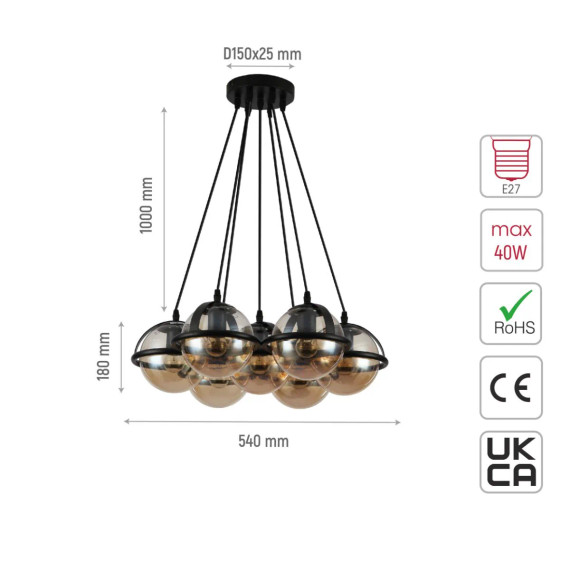 Amber Globe Glasses Daisy Modern Ceiling Light 7xE27 Fittings