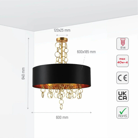 Black Copper Fabric Drum Shade Gold Ring Chandelier Ceiling Light