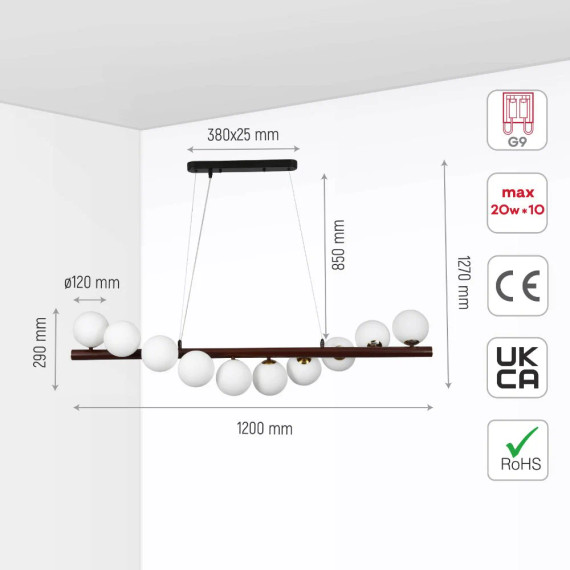 Walnut Wood Finish Metal Body Opal Glass Globes Kitchen Island Chandelier Ceiling Light 10xG9 Fitting