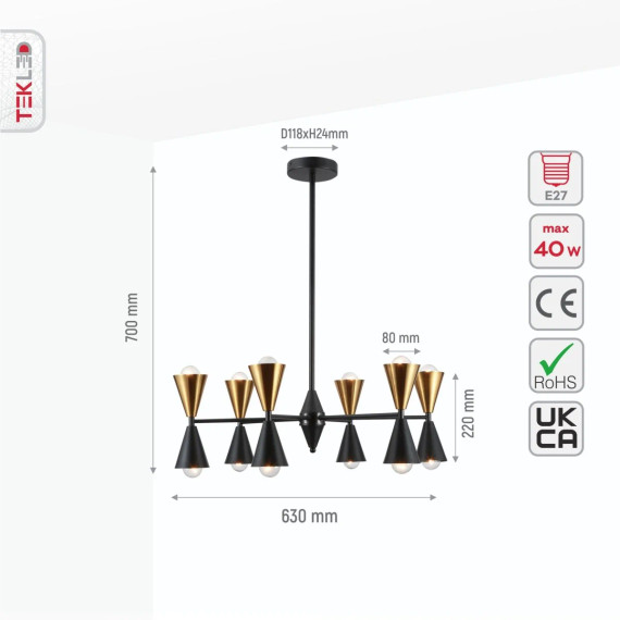 Black Gold Up Down Funnel Modern Chandelier Ceiling Light 12xE27