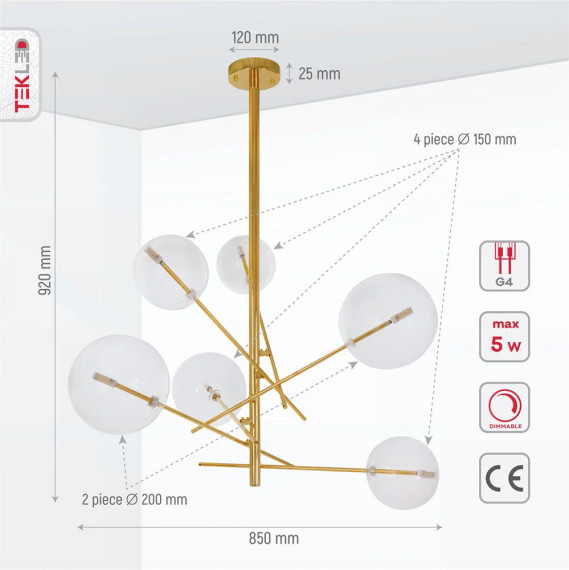 Nordic Sputnik Metal Clear Glass Globe Modern Chandelier Ceiling Light 6xG4 - Gold Antique Brass