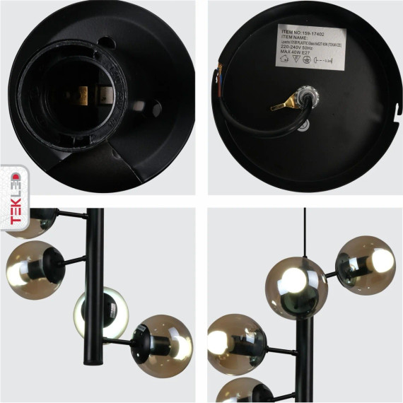 Spiral Globe Glass Black Metal Body Modern Sputnik Pendant Ceiling Chandelier Light E27 - Amber