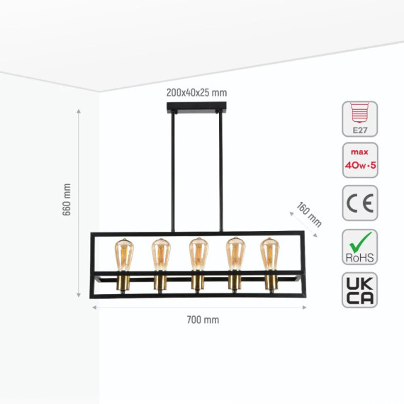 Black Metal Cuboid Kitchen Island Chandelier Ceiling Light 5xE27