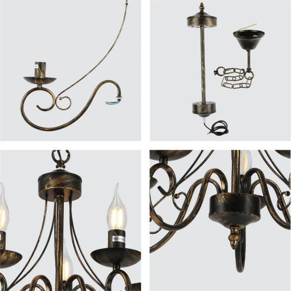 Candle Vintage Gold Patinated Black French Chandelier Ceiling Light E14