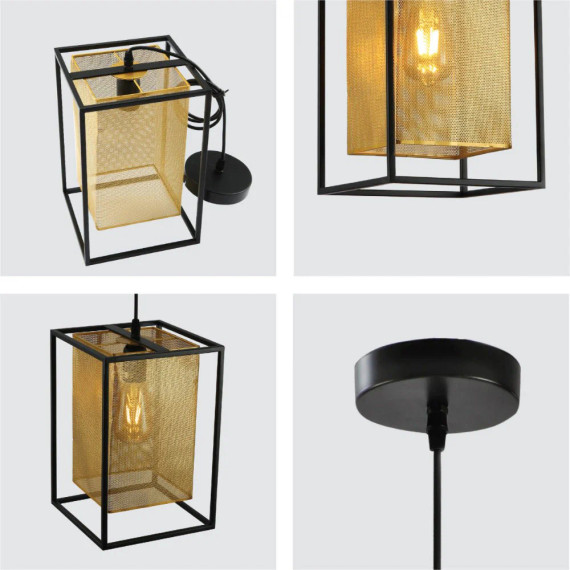 Matte Gold Metal Shade Black Cage Pendant or Island Ceiling Light E27 Fitting