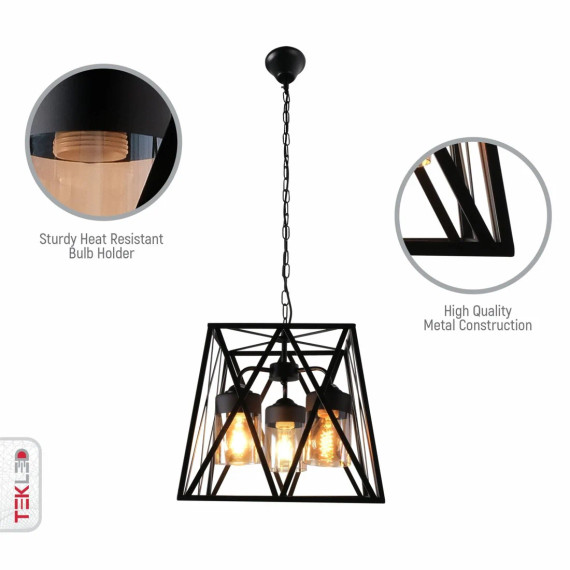 Black Metal Body Amber Cylinder Glass Cage Cuboid Chandelier Ceiling Light
