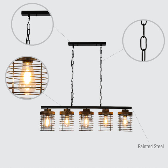 Industrial Cage Pendant Light - Rectangular 5-Shade Linear Chandelier with Wood Accents
