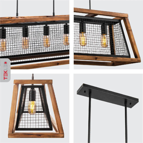Black Metal Old Wood Cuboid Island Chandelier Ceiling Light