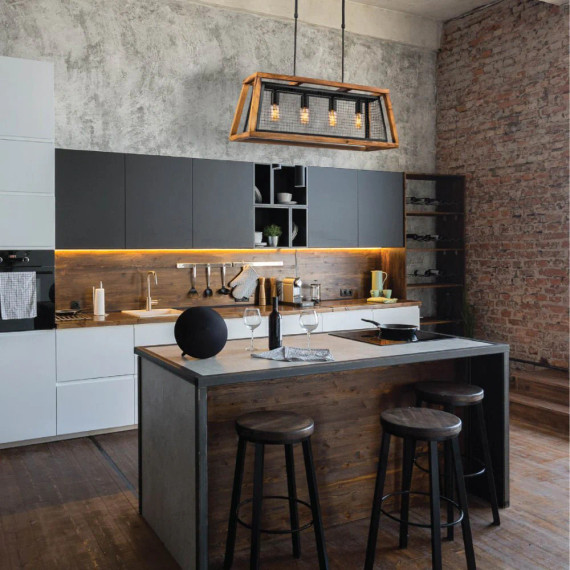 Black Metal Old Wood Cuboid Island Chandelier Ceiling Light